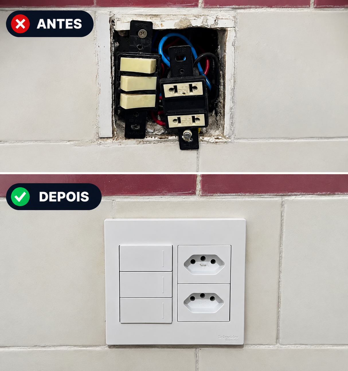 Antes e depois do reparo de tomadas e interruptores