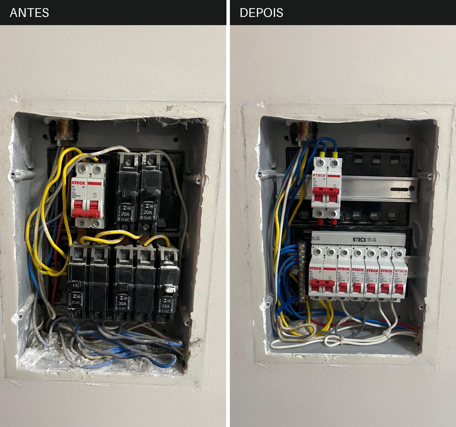 Antes e depois da substituição de disjuntores e manutenção do quadro elétrico