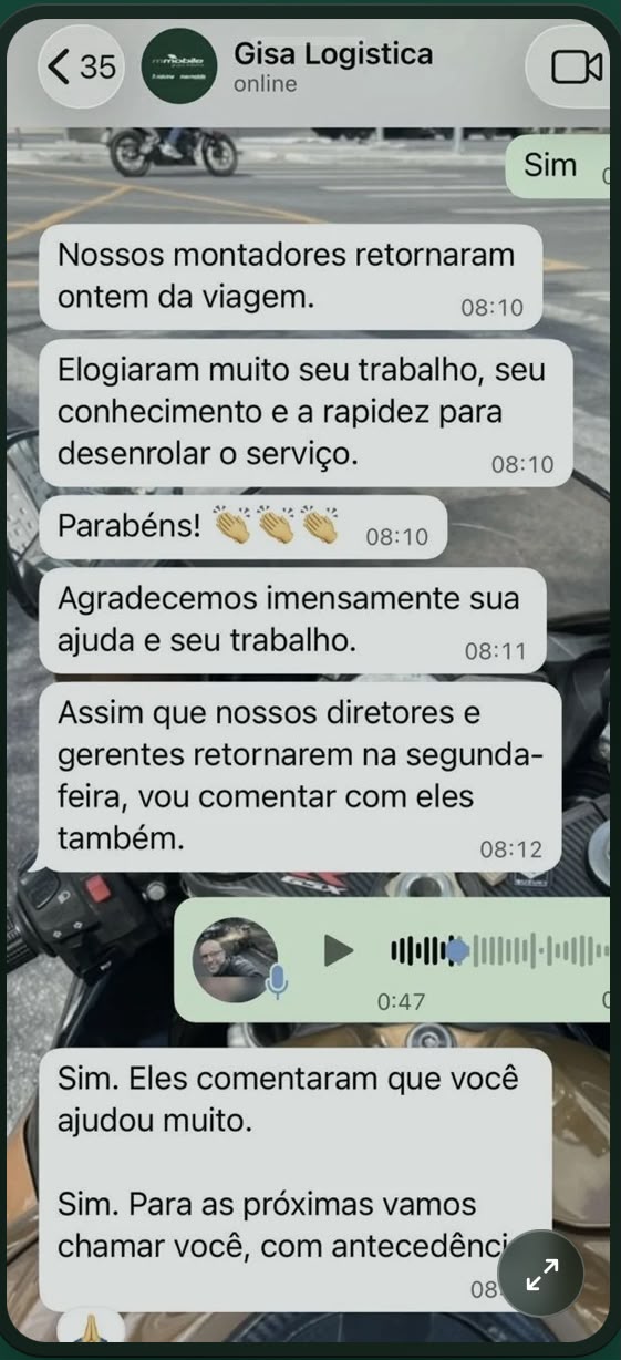 Print real de WhatsApp: Gisa Logística elogiando o trabalho, o conhecimento e a rapidez do serviço